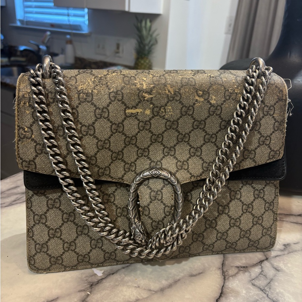 Gucci Beige and Black Shoulder Bag with Silver Chain